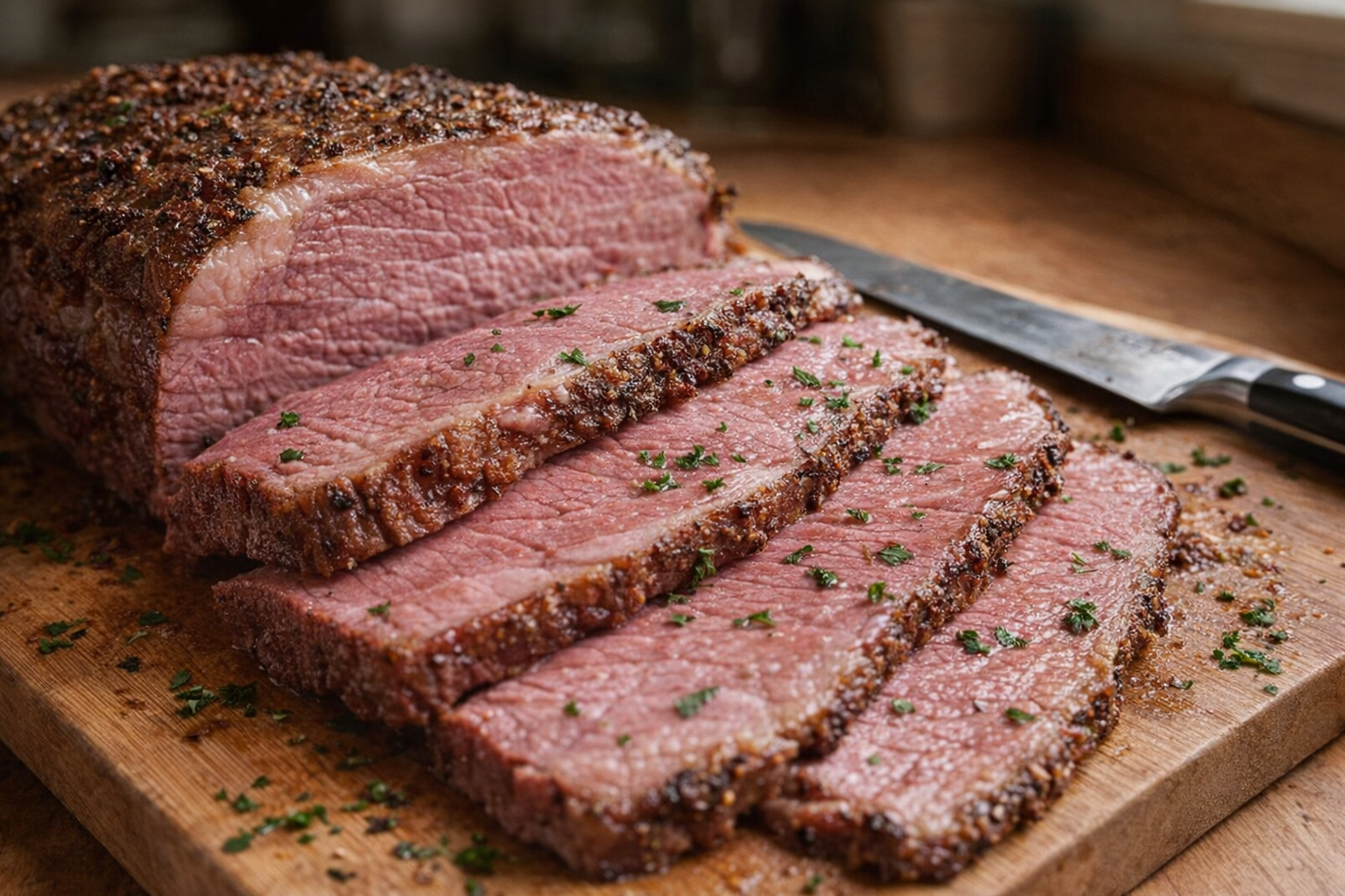 A perfectly cooked corned beef brisket, sliced against the grain, revealing tender, pink meat with visible marbling and a glossy surface, garnished with parsley and served on a wooden cutting board with a carving knife